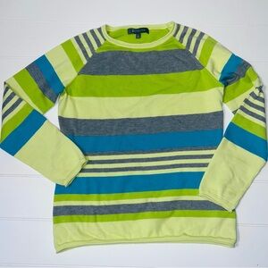 Title Nine Striped Crewneck Sweater Large L Yellow Green Grey Cotton Blend Knit